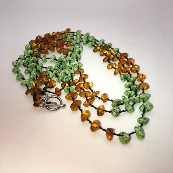 Vtg Sterling Amber Turquoise Pale Green Stone Multi Strand Knotted Silk 18” - Picture 5 of 8